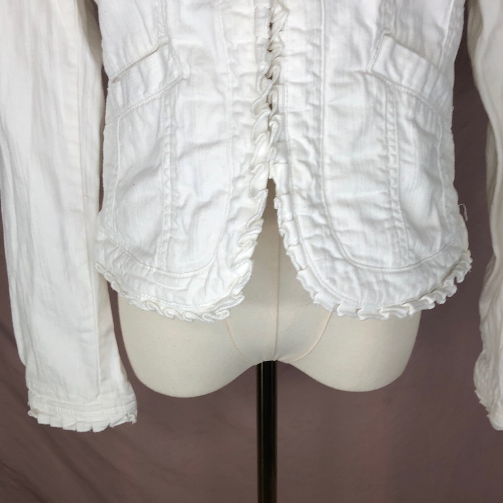 Cotton Women's Ruffle-Trim White Jean Jacket Size Large Spring Summer - Picture 6 of 14